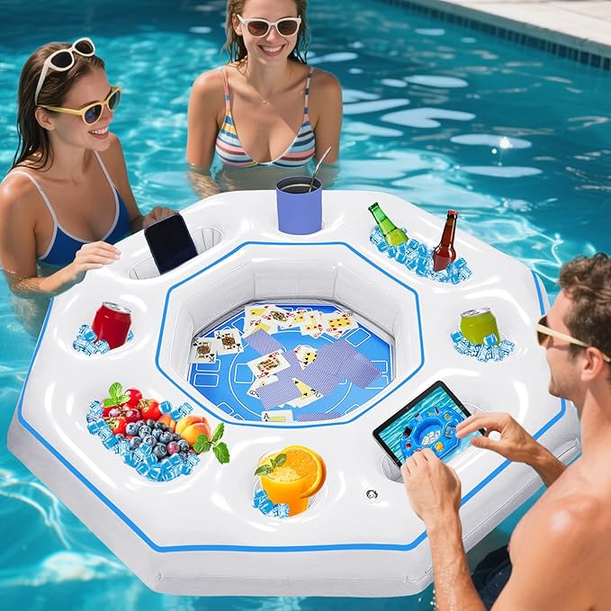 Octagonal Inflatable Game Table with Waterproof Playing Cards, Inflatable Pool Bar Games for Adults, Floating Portable Bar Table Tray for Hot Tub or Pool Beach Party