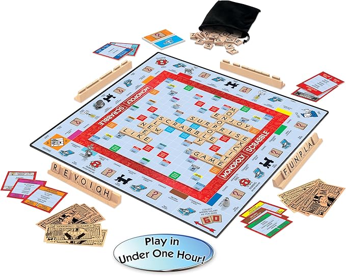 Monopoly Scrabble Game, Play in UNDER ONE HOUR, Score Your Scrabble Word - Move Your Token, By Winning Moves Games USA, Mash-Up of 2 of the World's Greatest Games, 2 to 4 Players Ages 8+ (1250)