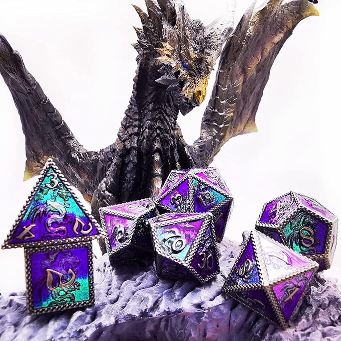 HAOMEJA Dungeons and Dragons Dice Set - Metal 6 Sided Polyhedral Dice for Pathfinder, MTG, Board Games (D20, D12, D10, D8, D6, D4) - Silver, Blue, Purple