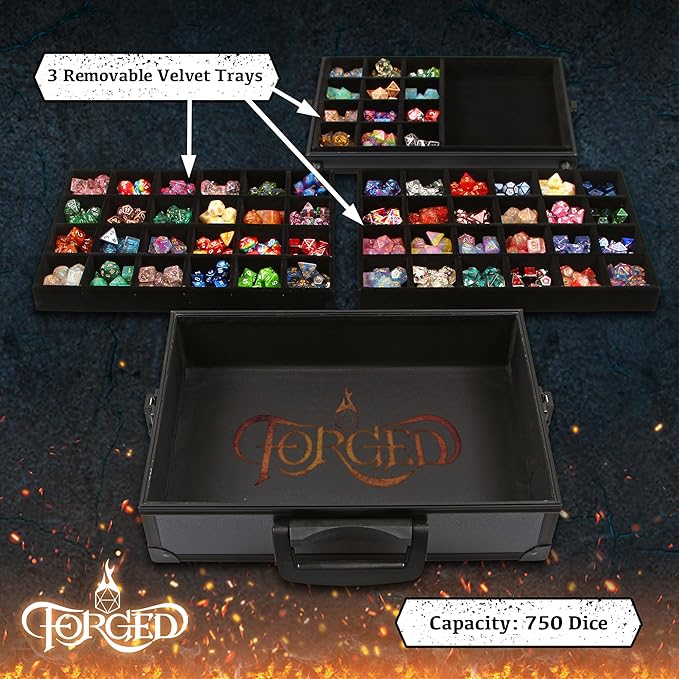 Forged Dice Co. Dice Display Case and Rolling Tray with 3 Removable Divided Dice Trays - Storage Box Holds up to 720 Metal or Plastic Polyhedral Dice Sets - Great for Dice Collectors or RPG D&D Games