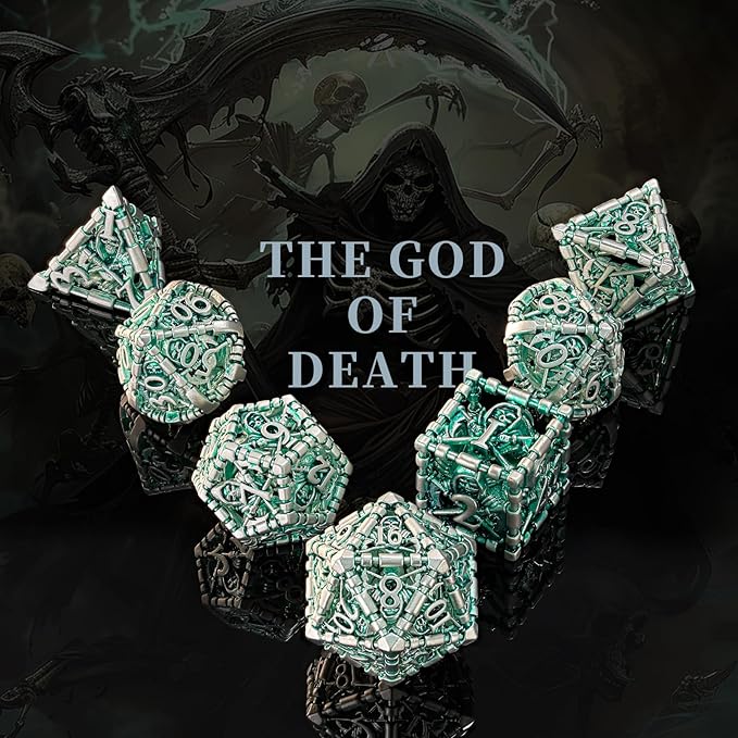 DND Hollow Polyhedral Dice Set, Metal Green White Grim Reaper of 7 Piece Role Playing Dice, for Dungeons and Dragon Dice or RPG MTG Table Game(Green and White)