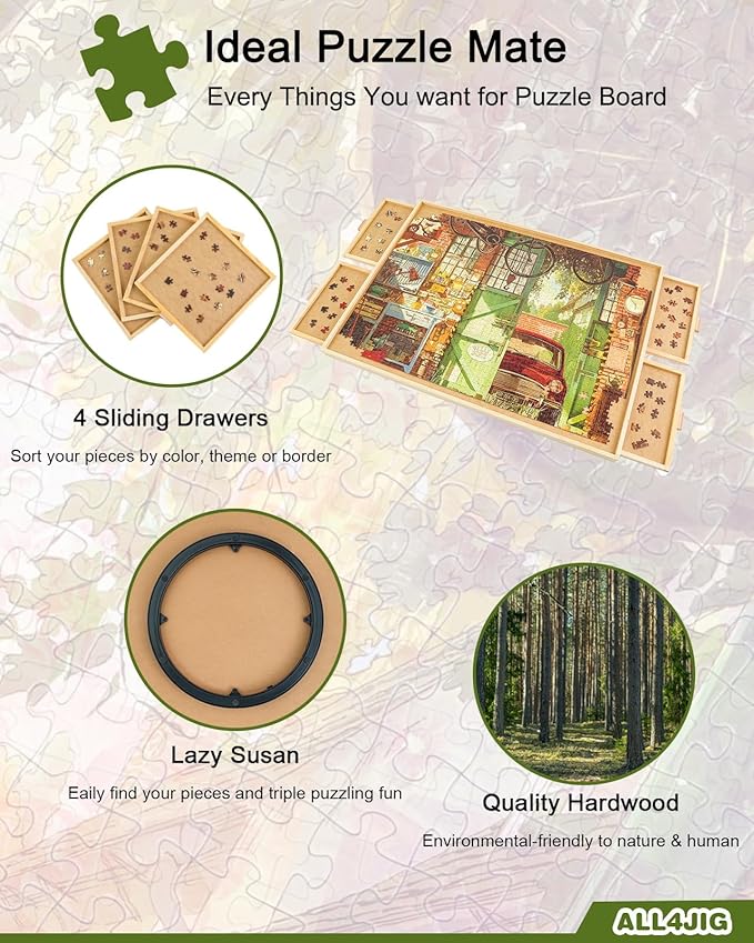 ALL4JIG 2000 Piece Rotating Puzzle Board with Drawers and Cover, 28.5"x40.1"Portable Wooden Jigsaw Puzzle Table for Adults Portable, Lazy Susan Spinning Boards Birthday Gift for mom