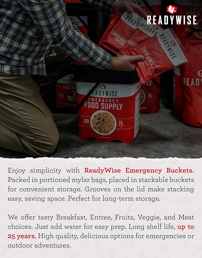 ReadyWise Entrée Bucket - 100 Servings, Emergency Food Supply, Survival Kit, Protein Meals, Dehydrated & Freeze Dried Prepper Food for Camping Essentials Supplies, up to 25 Year Shelf Stable Life