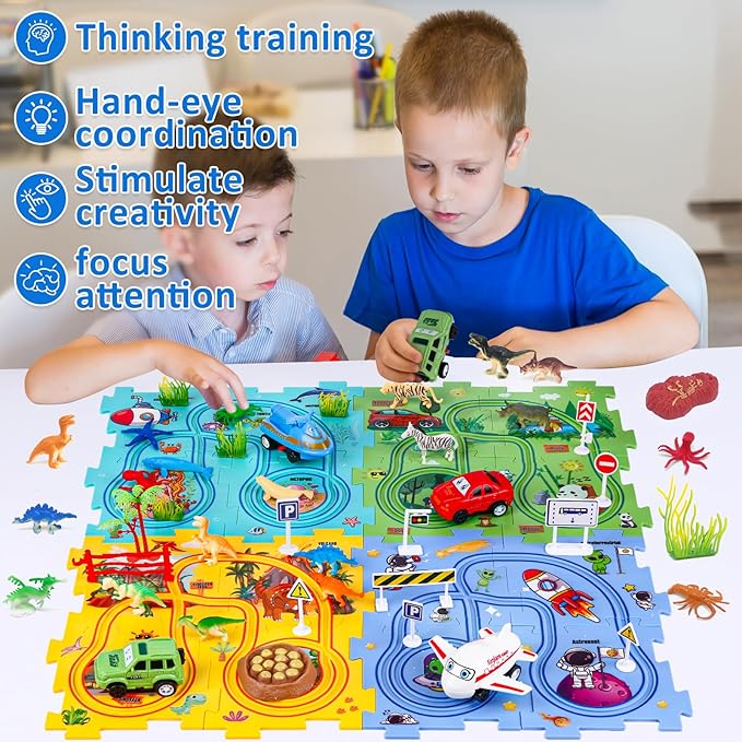 VESPRO 4 Series Toddler Car Track Set, 68PCS Kids Car Track Play Set, Educational Puzzle Toys for Kids Ages 3+ Boys and Girls