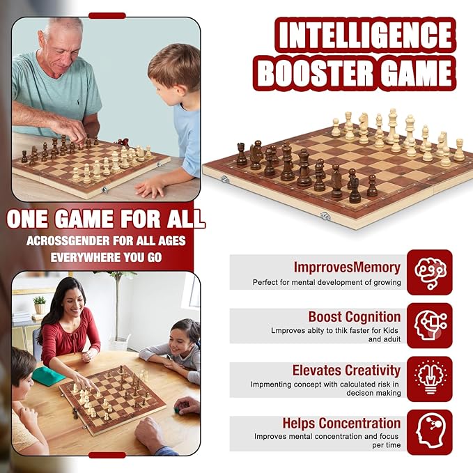 Chess Checkers Backgammon 3-in-1 Board Games Sets, Wooden Chess Set for Adults & Kids, 17.2" Lightweight Checkers Board Game,Strategy Backgammon Sets for Adults, Travel Chess Board Game Pieces Storage