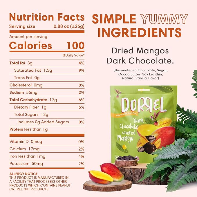 DORREL - Belgian Dark Chocolate Covered Mango Slices, High Energy Vegan Choco Snack, Delicious, Kosher & Non-GMO, Pack of 3 Dark Chocolate Fruit Bites, 8.8 oz / 250 g Ea