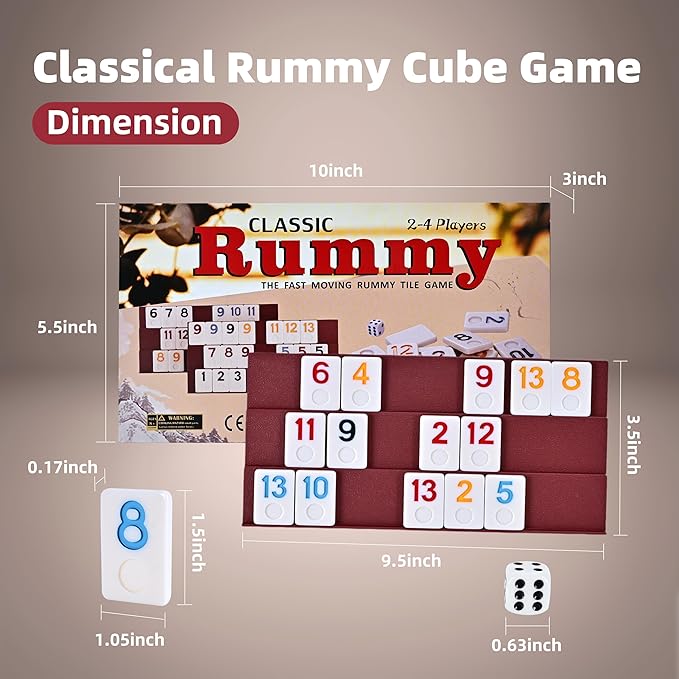 Classic Rummy Cube,106 Rummy Game with Portable Carton, Tradditonal Board Game for Family, 106 Tiles, 4 Plastic Holders（2-4 Players）