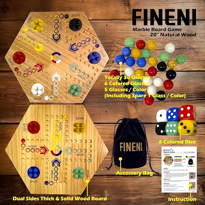 Wooden Board Games, Marble Board Game Original with Dual Sides Fast Track Games for 2 to 6 Players, Double Side Marble Boards, 6 Colors 30 Marbles and 6 Color 6 Dice, Pouch (20" Log)