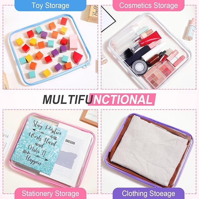 Hoolerry 4 Pcs Hard Clear Zipper Case Transparent Cases for Snacks Makeup Bag Plastic Storage Box Containers for Building Blocks, Puzzles, Cosmetics(Multicolor,13.8 x 11.8 x 2 in)