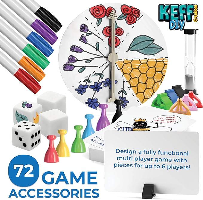 KEFF Make Your Own Board Game Set - DIY Blank Game Board Kit with Game Pieces, Blank Cards, Dice, Spinner, Pawns & More - Fun Family Board Games for Kids & Adults