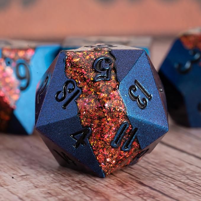 Large Stripe Metal Dice DND,Metallic Solid Crack Glittrer Dice Set with Gift Box,Polyhedral RPG Dice 7pcs Set