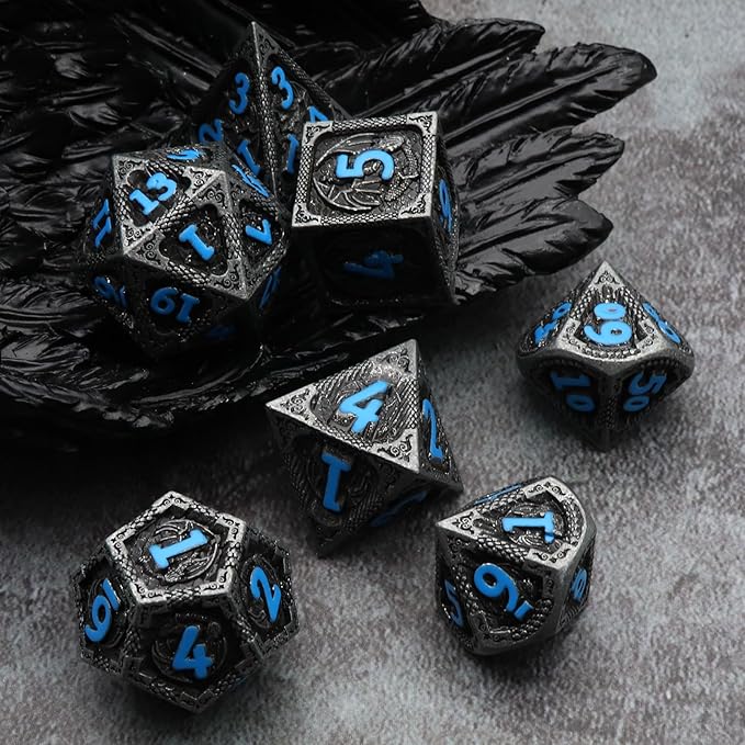 Haxtec Metal DND Dice Set Black Blue Dragon D&D Dice Set with Leather Dice Bag Metal Polyhedral Dice for Dungeons and Dragons Gifts TTRPG Dice