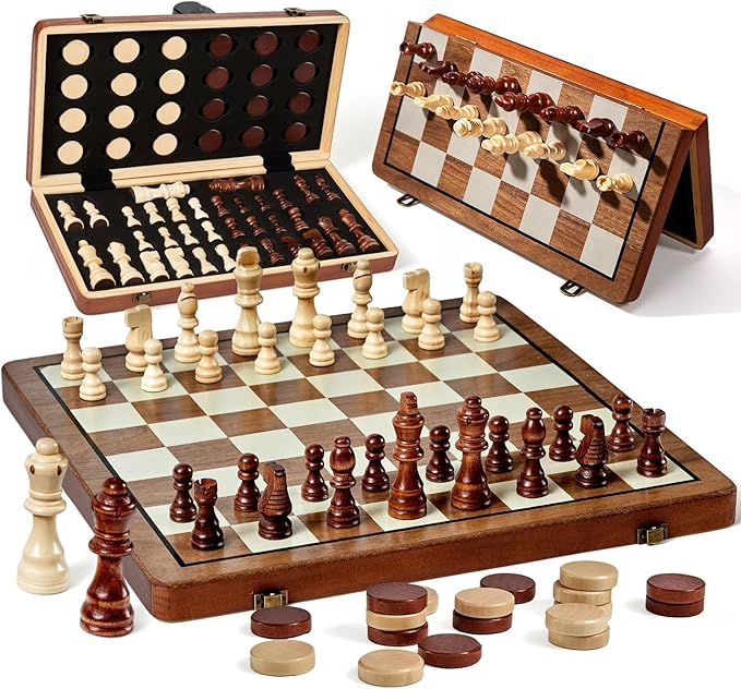 MerryPony Wooden Chess Set for Adults & Kids, 15" Foldable Wooden Chess Board with 2 Extra Queens, 2 in 1 Chess and Checkers Set, Travel Magnetic Chess Game Set, Beginner Chess Set for Kids