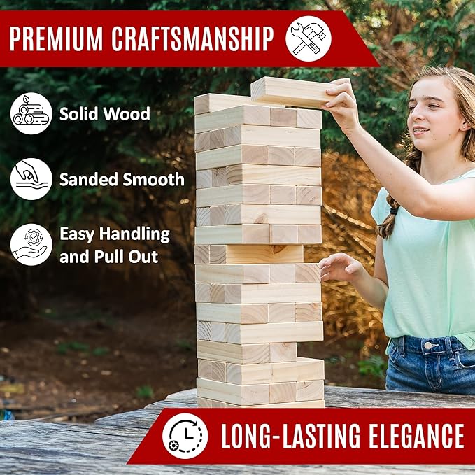 Giant Timber Tower, Outdoor Games Combo, 45 Giant Tumbling Blocks, 28 Giant Dominoes, and 6 Giant Dice, Classic Block Giant Outdoor Game for All Age Groups (Timber Tower)