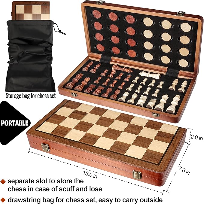 Magnetic Wooden Chess & Checkers Board Game - 15" Folding Chess Board(2 in 1)- Handcrafted Chesspiece (includes 2 Extra Queens) and Storage Slots- Portable Travel Board Games for Adults Kids, 6 up Age