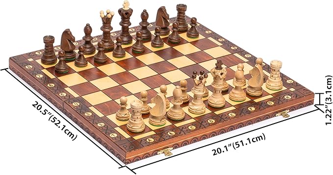 Husaria European International Wooden Chess Game Set, Ambassador - 21.7 Inches - Large-Size Chess Set with Handcrafted Chessmen and Felted Folding Board