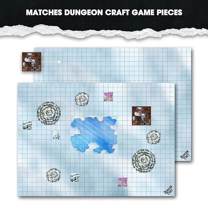 DUNGEON CRAFT Wood and Snow Battle Map – Double-Sided Waterproof Gloss Terrain Mat – Compatible with DND & TTRPG – 33 x 24 Inch Tabletop Grid