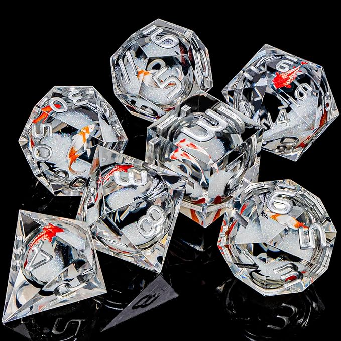 ARUOHHA DND Dice Set Liquid Core Koi Fish Sharp Edged Dragons Dice Compatible with D&D Role Playing Game, RPG Handmade Resin Dungeons Polyhedral D and D Dice Set D20 D12 D10 D8 D6 D4