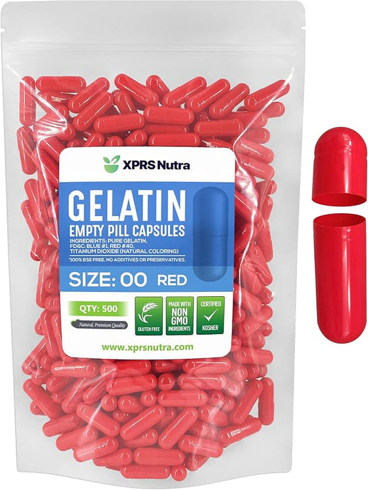 XPRS Nutra Size 00 Empty Capsules - 500 Count Empty Gelatin Capsules - Pills DIY Capsule Filling - Fillable Pill Gel Caps for Do-It-Yourself Supplements (Red)