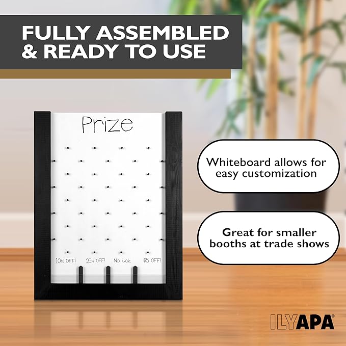 Ilyapa Tabletop Plinko Board Game - 13x17 Inch Portable Prize Drop Plinko Board for Events and Trade Show - Penny Drop Game Includes 8 Coin Discs, Wooden A-Frame Whiteboard Sign, Eraser