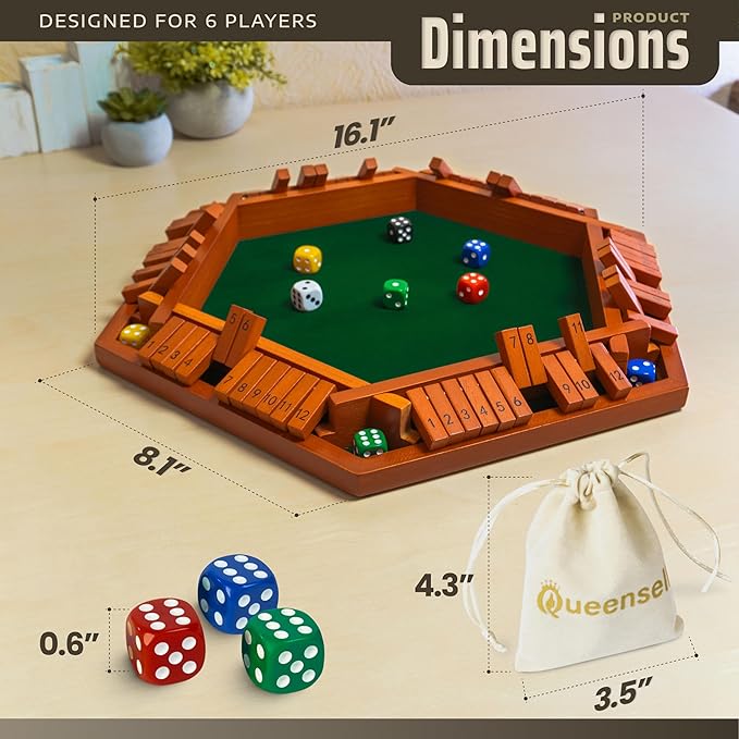 Queensell Shut The Box Game 12 Numbers for 1-6 Players - 16-inch Wooden Board Shut The Box Game 12 Numbers for Adults & Kids - Ideal for Games Night