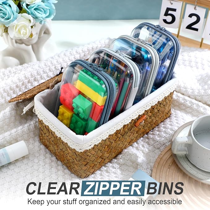 Hoolerry 4 Pcs Hard Clear Zipper Case Transparent Cases for Snacks Makeup Bag Plastic Storage Box Containers for Building Blocks, Puzzles, Cosmetics(Morandi,7.5 x 3.9 x 2 in)