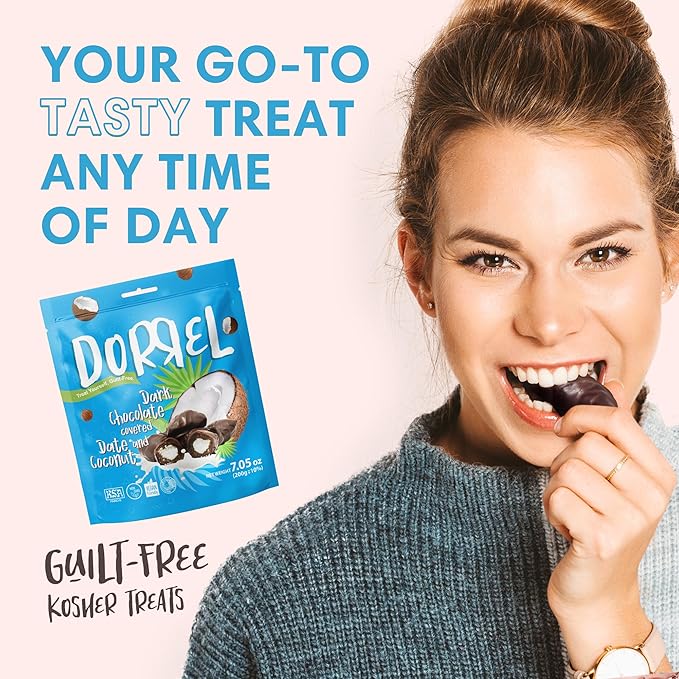 DORREL - Belgian Dark Chocolate Covered Dates (Medjool) with Coconut Stuffing, High Energy Vegan Choco Snack, Delicious, Kosher & Non-GMO, Pack of 3 Stuffed Chocolate Dates, 7.05 oz / 200 g Ea