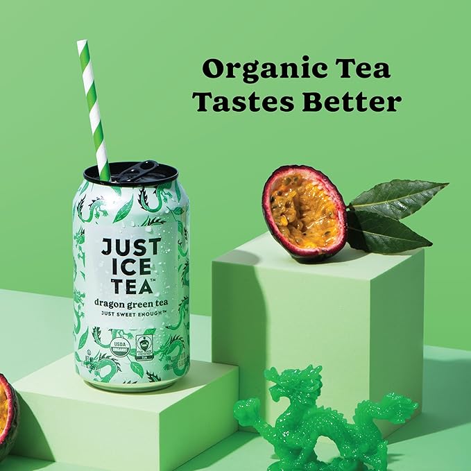 Just Ice Tea, Dragon Green Iced Tea, 12-Pack (12oz Cans), Green Tea, USDA Certified Organic, Real Brewed, Low Calorie, No Artificial Sweeteners, Fair Trade, Made in USA.