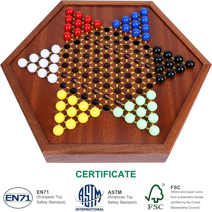 Wooden Chinese Checkers Set with Storage Drawer, 13 inches Upgraded Version Game Board, 60+12 Glass Marbles in 6 Colors, Classic Strategy Games for Adults and Kids, Fun for Family Gathering