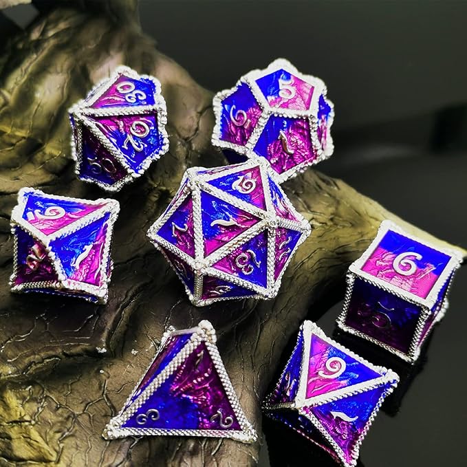 HAOMEJA DND Dice Metal Dragon Set Dice 7 Role Playing Dice D&D Solid Dice Dungeons and Dragons (Silver Blue Purple)