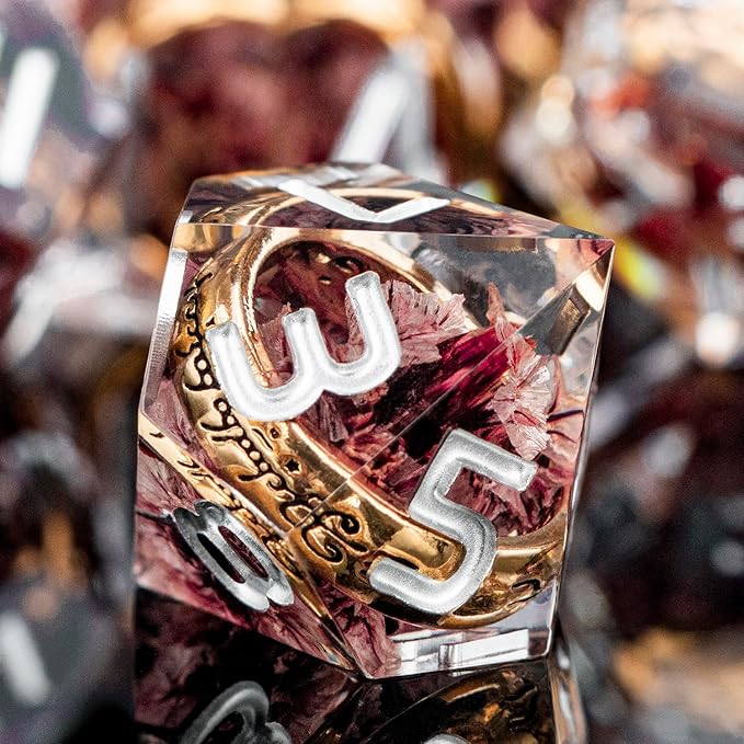 Magic Golden Ring DND Dice Set Sharp Edge Resin Dice with Case, Pink Flower Lord D and D Dice for use with D&D RPG Role Playing Games, Polyhedral Dice Set D20 D12 D10 D8 D6