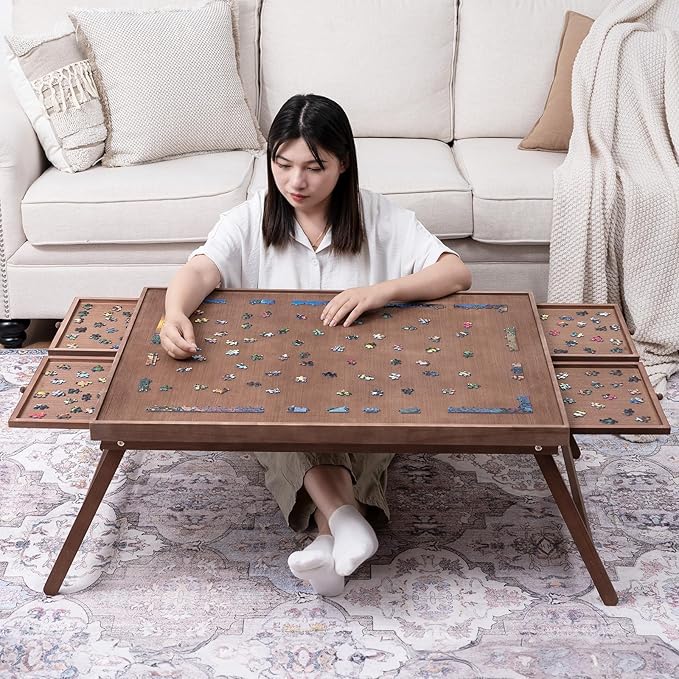 TEAKMAMA 1500 Piece Wooden Jigsaw Puzzle Board with 4 Drawers, Folding Puzzle Table with Protective Cover, Jigsaw Board with Legs, Multifunctional Game Table for Adults, 34W x 26.3D, Chocolate Brown