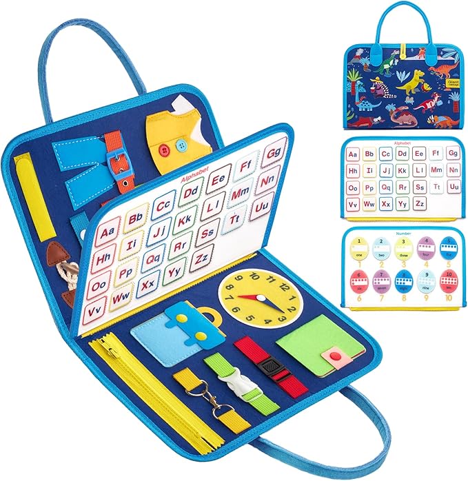 Busy Board Sensory Toys for Toddlers 1 2 3 4, Toddler Travel Activities Educational Toys, Montessori Toys for 2 3 4 Year Old Boys Girls Gift, Little Dinosaur