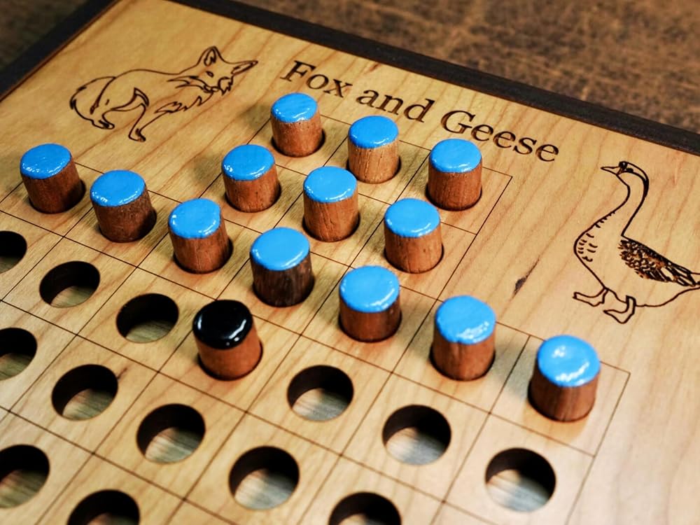 Handcrafted Fox and Geese Game Board Set - 6" x 6" with Wood Travel Cover - Classic Strategy Game for All Ages - Inspired by Centuries of Tradition