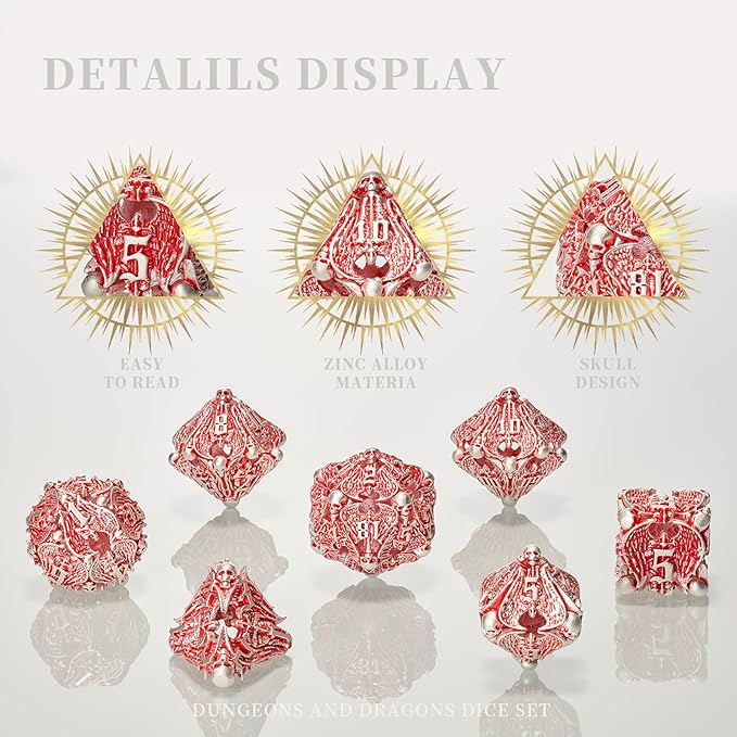 Matt Red White DND Metal Dice 7 PCS Skull Hollow D&D Dice Set for Dungeons and Dragon Gifts of Tabletop Game (Matte Red with White Skull)…