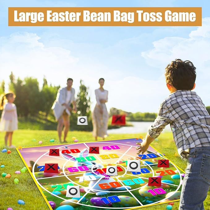 2-in-1 Outdoor Games Large Bunny Egg Bean Bag Toss & Giant Tic Tac Toe 4.5Ft, Double-Sided Lawn Yard Game for Kids Adults, Easter Party, Camping Backyard Carnival Field Day, Family Reunion Fun