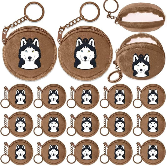 15 Pack Husky Mini Coin Purse with Keyrings for Husky Themed Dog Party Lets Pawty Pet Party Birthday Party Supplies,Brown