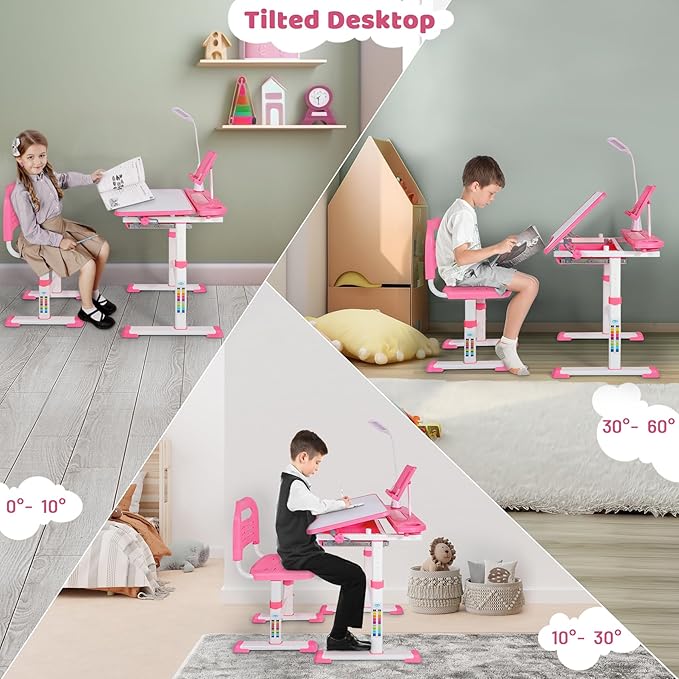 Kids Desk and Chair Set,Height Adjustable Child's Study Table with Tilt Desktop,LED Light,Cup Holder,Bookstand and Storage Drawer,Pink