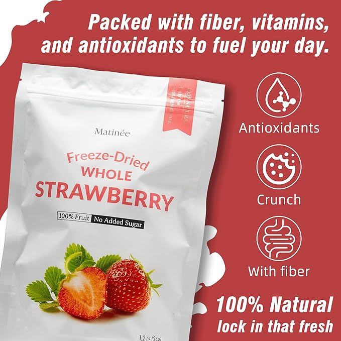 MATINÉE Freeze Dried Strawberries, Whole Dried Strawberries, Dehydrated Fruit, Dried Fruit Snack for Baking, Yogurt & Kids Treats-Vegan, Non-GMO, Preservative Free, 1.2oz, 34g (Pack of 4 Bag)