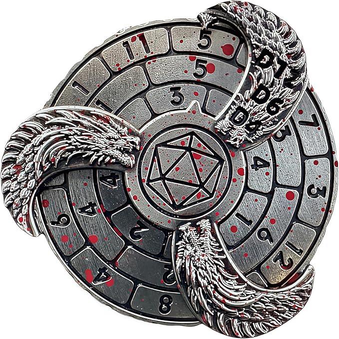 D&D Themed Fidget Spinner, dice Spinner, D4,D6, D8, D10, D12,D20,D% 7-in-1 Metal dice, Perfect for D&D Dungeons and Dragons, RPG and Pathfinder Role Playing Games (Bloodstain)