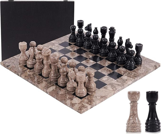 Marble Chess Set 15 Inch Handmade Oceanic & Black Board Game with Storage Box, Classic Travel Chess Set for Adults with Pieces & 2 Extra Queens, Elegant Gift & Home Décor