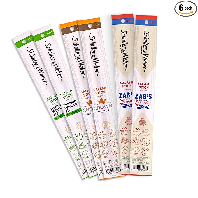 Schaller & Weber Salami Sticks Variety Pack (Zab’s Hot Honey, Hudson Whisky NY, Crown Maple), .85 Oz (Pack of 6) Hickory Smoked Salami | German Style Smoked Sausage Sticks | Gluten Free Protein Snack