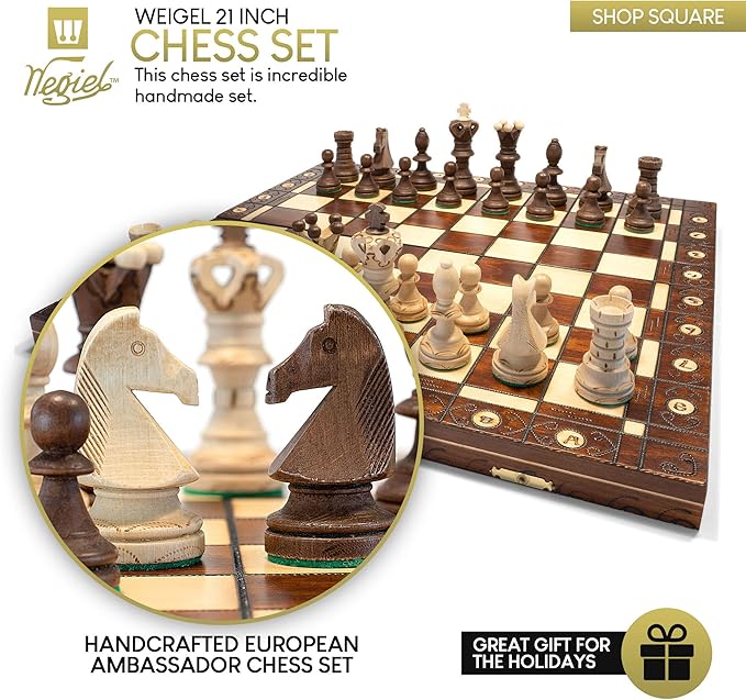 Wegiel Handmade European Ambassador Chess Set - Wooden 21 Inch Beech & Birch Board with Felt Base - Carved Hornbeam & Sycamore Wood Chess Pieces