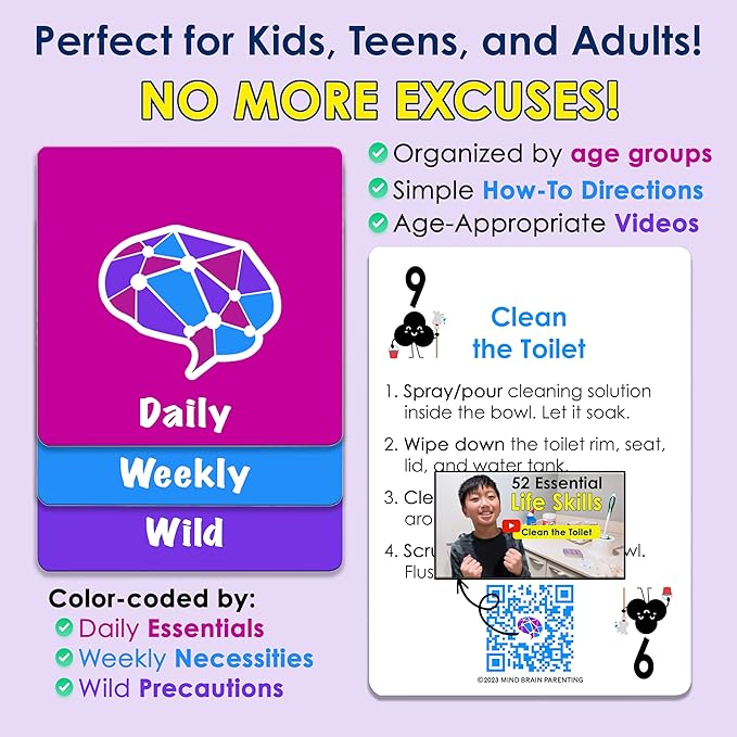 Mind Brain Emotion 52 Essential Life Skills: No-Excuses Game to Teach Kids, Teens & Adults How to Care for Self & Chores, Practical Solution for Responsible Boys, Confident Girls, Happy Family
