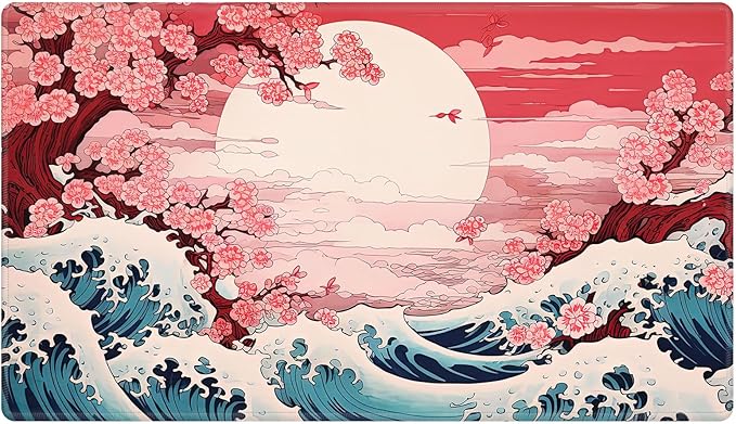 Playmat 24" x 14" Game Mats Tabletop Magic for MTG/TCG Cards, Trading Card Game Playing Stitched Play Mats Commander Deck Gaming Desk Mat Card Gameplay Mats, Japanese Sakura Wave