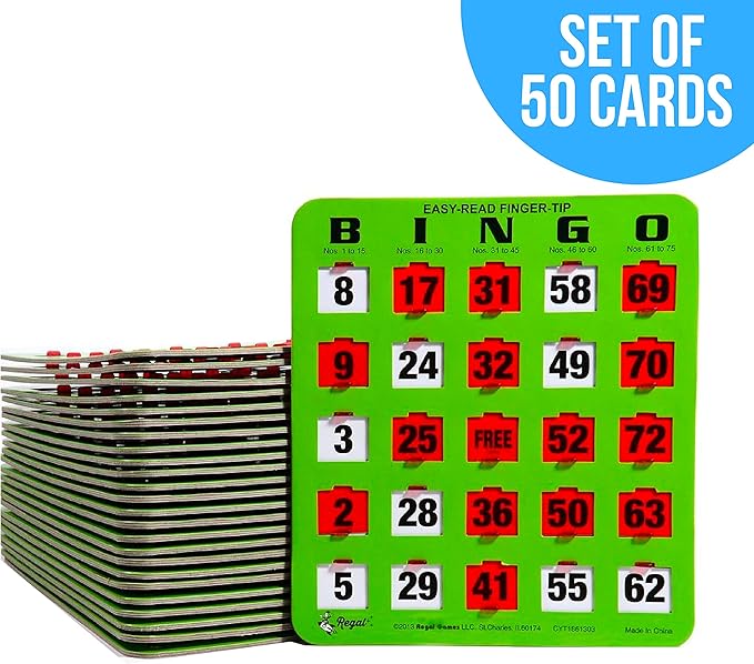 Regal Bingo - Shutter Slide Bingo Cards Only - 8” x 9” - 5-Ply Green Cardstock - Easy to Read - No Duplicates - Red Sliding Windows - Perfect for Large Groups, Bulk Purchasing