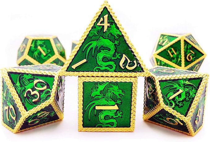 HAOMEJA Dungeons and Dragons Dice Set - D&D Metal 6 Sided Polyhedral Dice for Pathfinder MTG Board Games - D20, D12, D10, D8, D6, D4 Golden Green