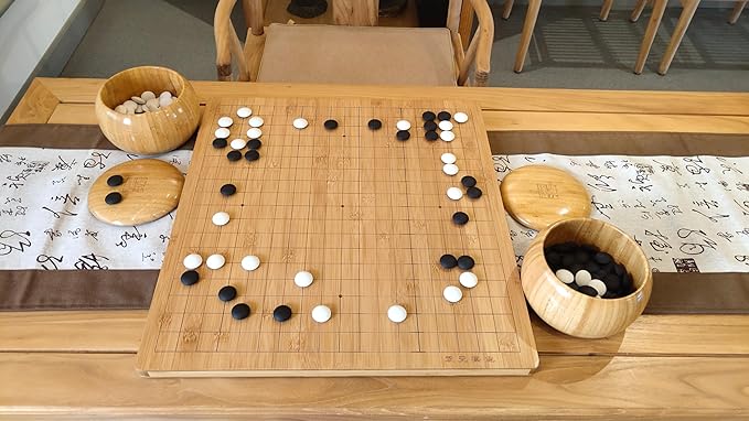 Go Game Set Reversible 19x19 / 13x13 Bamboo Game Board with Single Convex Ceramic Stone 361pcs and Bamboo Go Bowls, 2 Players Board Game