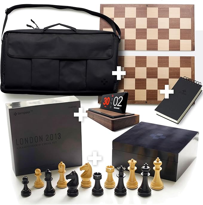 TEMPEST London 2013 Ultimate Chess Ensemble :: Wooden Chess Set + Hardwood Portable Chess Board + Weatherproof Carry-All Bag + Lacquer Storage Box + Scorebook + Tempest Deluxe Chess Clock/Dock