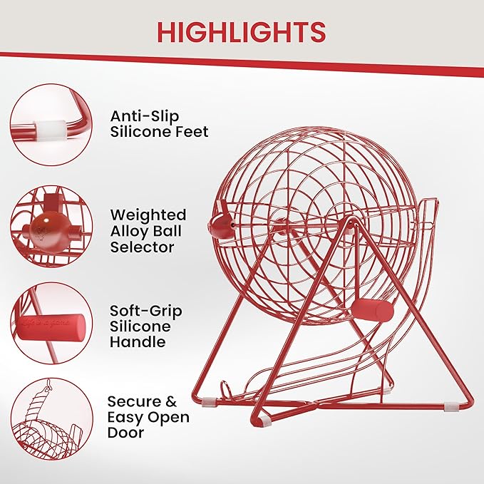MR CHIPS 11" Tall Bingo Set with Steel Cage Professional Game Everlasting 7/8” Balls, 18 Cards and 300 Chips - Lucky Red Color